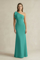 One - Shoulder Sheath Satin Long Bridesmaid Dress in Sea Glass - KissProm Bridesmaid Dresses