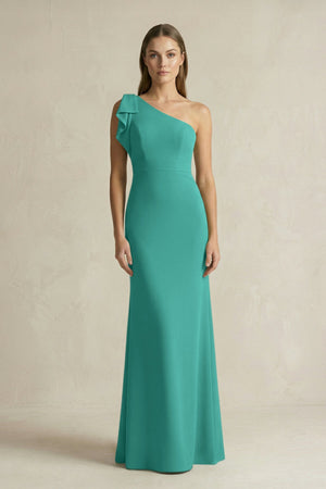 One - Shoulder Sheath Satin Long Bridesmaid Dress in Sea Glass - KissProm Bridesmaid Dresses