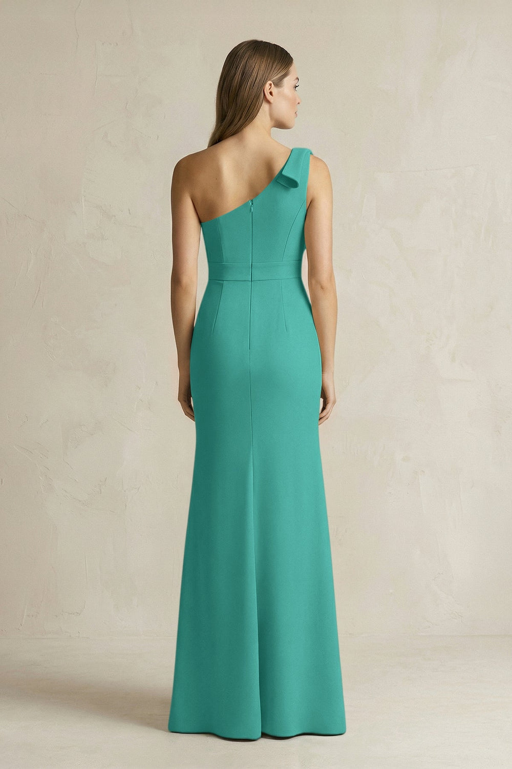 One - Shoulder Sheath Satin Long Bridesmaid Dress in Sea Glass - KissProm Bridesmaid Dresses