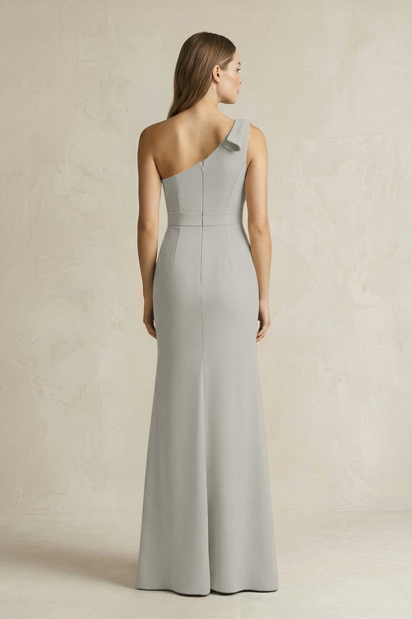 One - Shoulder Sheath Satin Long Bridesmaid Dress in Silver - KissProm Bridesmaid Dresses