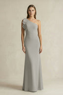 One - Shoulder Sheath Satin Long Bridesmaid Dress in Silver - KissProm Bridesmaid Dresses