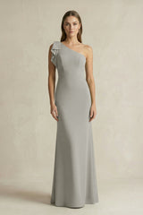 One - Shoulder Sheath Satin Long Bridesmaid Dress in Silver - KissProm Bridesmaid Dresses