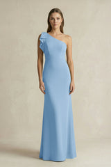One - Shoulder Sheath Satin Long Bridesmaid Dress in Sky Blue - KissProm Bridesmaid Dresses