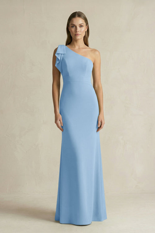 One - Shoulder Sheath Satin Long Bridesmaid Dress in Sky Blue - KissProm Bridesmaid Dresses
