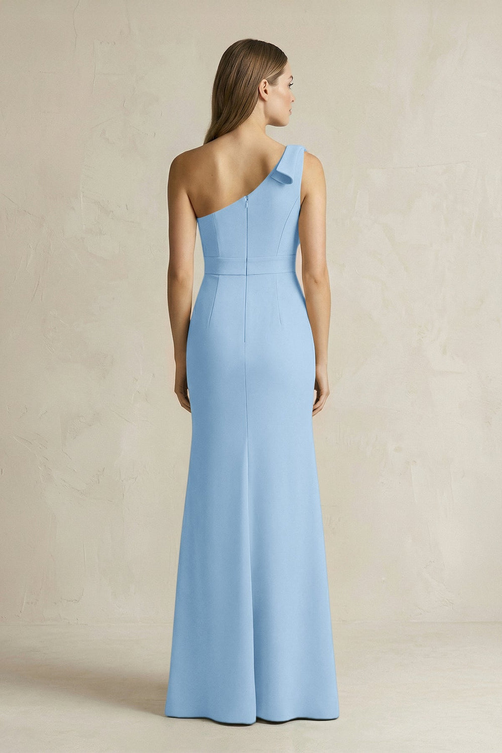 One - Shoulder Sheath Satin Long Bridesmaid Dress in Sky Blue - KissProm Bridesmaid Dresses