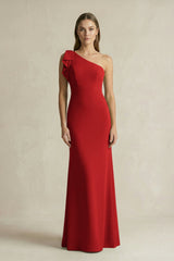 One - Shoulder Sheath Satin Long Bridesmaid Dress in Spice - KissProm Bridesmaid Dresses