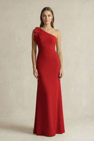 One - Shoulder Sheath Satin Long Bridesmaid Dress in Spice - KissProm Bridesmaid Dresses