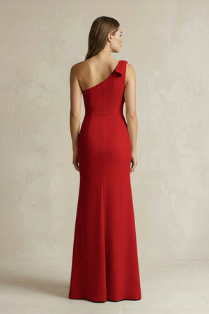 One - Shoulder Sheath Satin Long Bridesmaid Dress in Spice - KissProm Bridesmaid Dresses