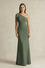 One - Shoulder Sheath Satin Long Bridesmaid Dress in Thyme - KissProm Bridesmaid Dresses