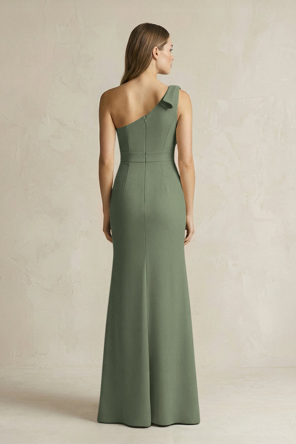 One - Shoulder Sheath Satin Long Bridesmaid Dress in Thyme - KissProm Bridesmaid Dresses