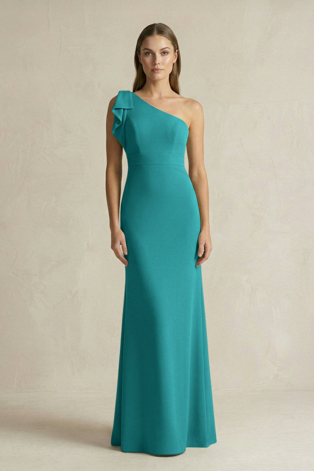One - Shoulder Sheath Satin Long Bridesmaid Dress in Turquoise - KissProm Bridesmaid Dresses