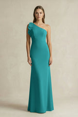 One - Shoulder Sheath Satin Long Bridesmaid Dress in Turquoise - KissProm Bridesmaid Dresses
