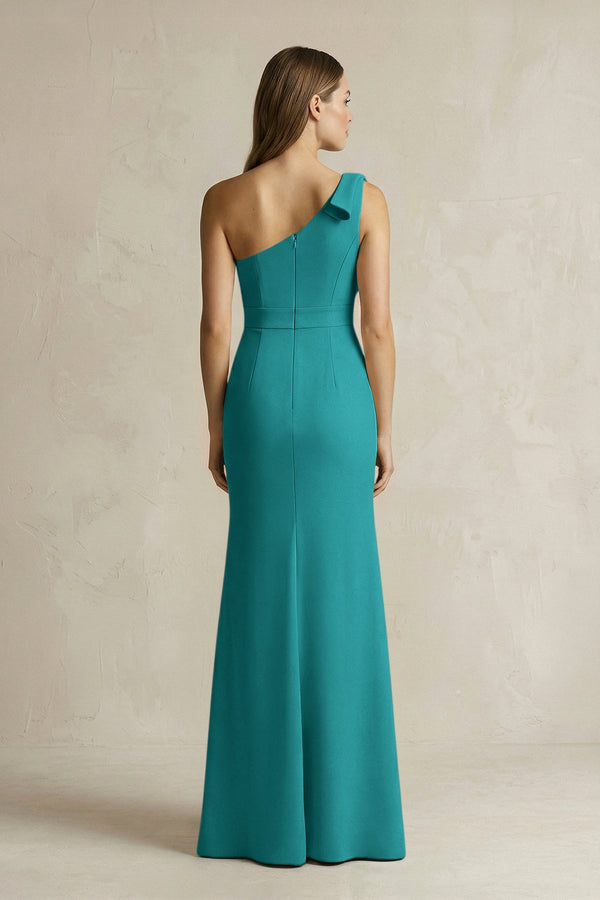 One - Shoulder Sheath Satin Long Bridesmaid Dress in Turquoise - KissProm Bridesmaid Dresses