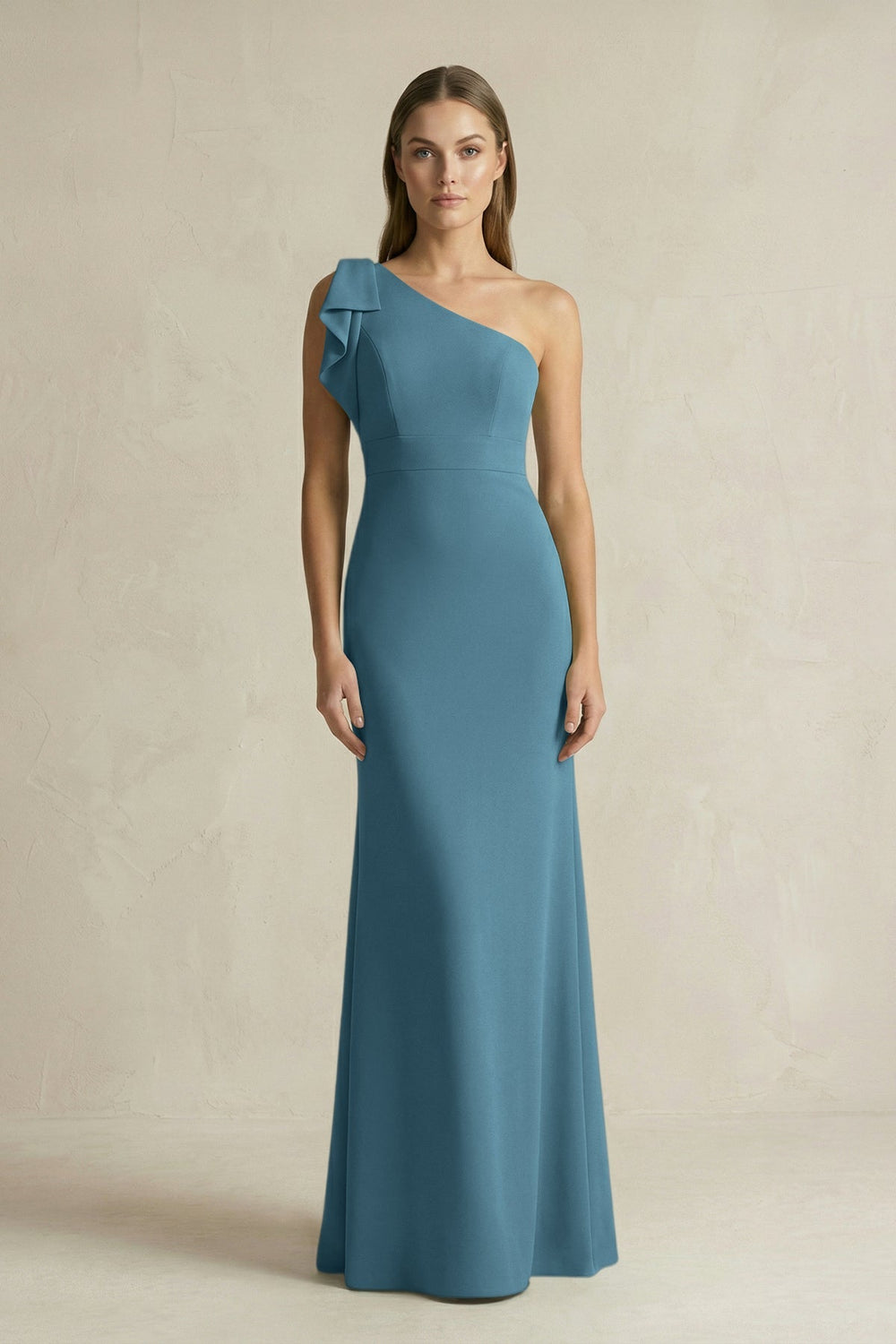 One - Shoulder Sheath Satin Long Bridesmaid Dress in Twilight - KissProm Bridesmaid Dresses