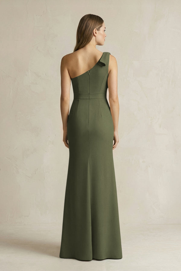 One - Shoulder Sheath Satin Long Bridesmaid Dress in Willow Green - KissProm Bridesmaid Dresses