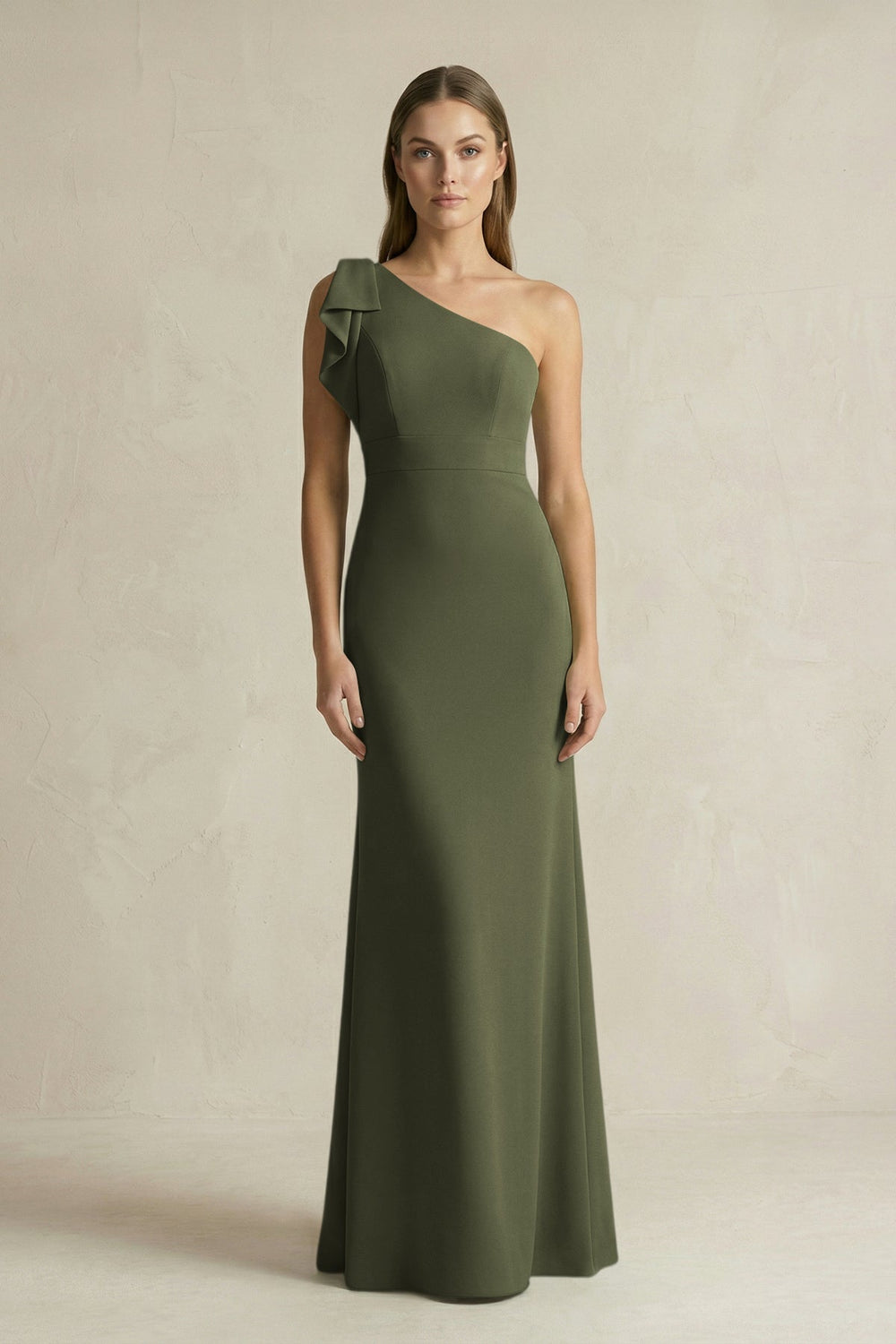 One - Shoulder Sheath Satin Long Bridesmaid Dress in Willow Green - KissProm Bridesmaid Dresses