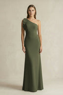 One - Shoulder Sheath Satin Long Bridesmaid Dress in Willow Green - KissProm Bridesmaid Dresses