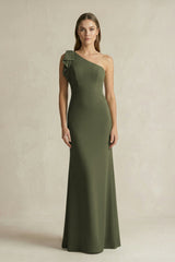 One - Shoulder Sheath Satin Long Bridesmaid Dress in Willow Green - KissProm Bridesmaid Dresses