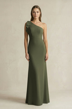 One - Shoulder Sheath Satin Long Bridesmaid Dress in Willow Green - KissProm Bridesmaid Dresses