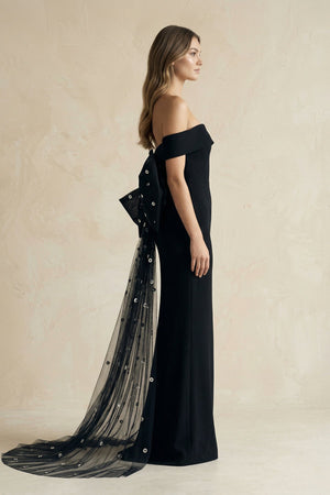 One - Shoulder Sheath Satin Wedding Dress With Back Bow in Black - KissProm Wedding Dresses