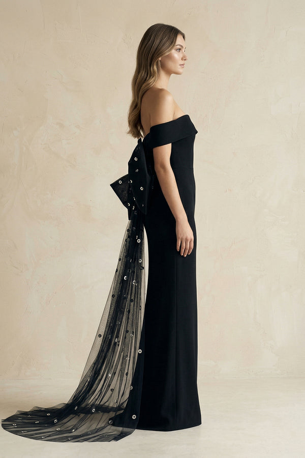 One - Shoulder Sheath Satin Wedding Dress With Back Bow in Black - KissProm Wedding Dresses