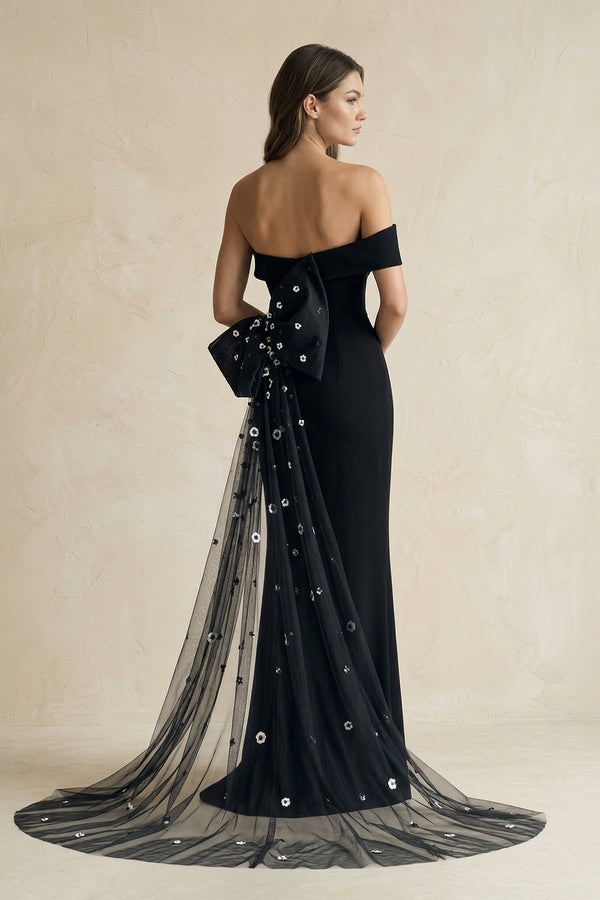 One - Shoulder Sheath Satin Wedding Dress With Back Bow in Black - KissProm Wedding Dresses