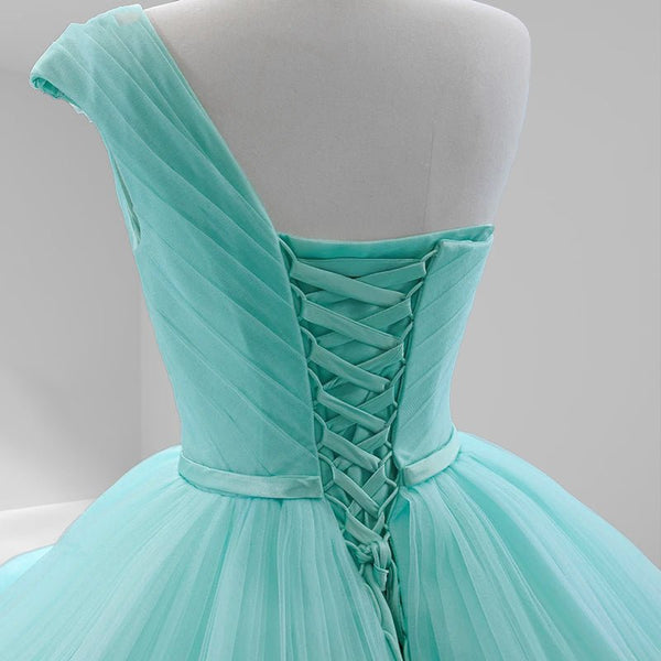 One - Shoulder Sleeveless Ball Gown Court Train Quinceanera Dress - KissProm