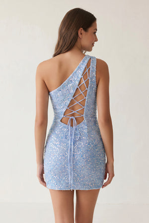 One Shoulder Tight Sky Blue Mini Party Dresses - KissProm
