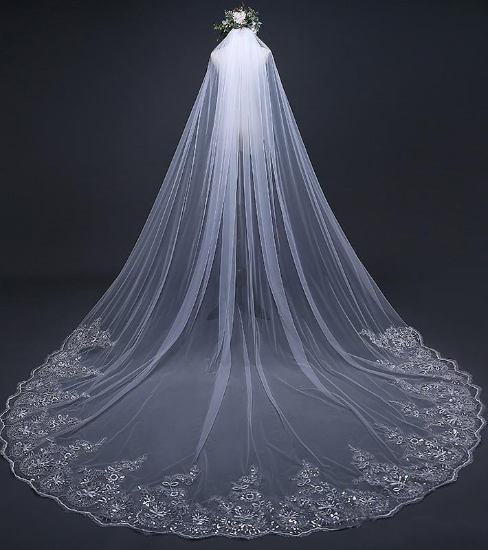 One Tier Cathedral Wedding Veils with Lace Applique - KissProm