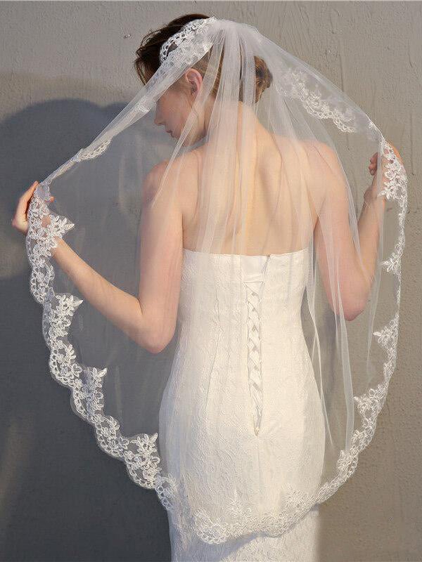 One Tier Short Wedding Veil Vintage - Inspired Lace Mantilla Veils - KissProm