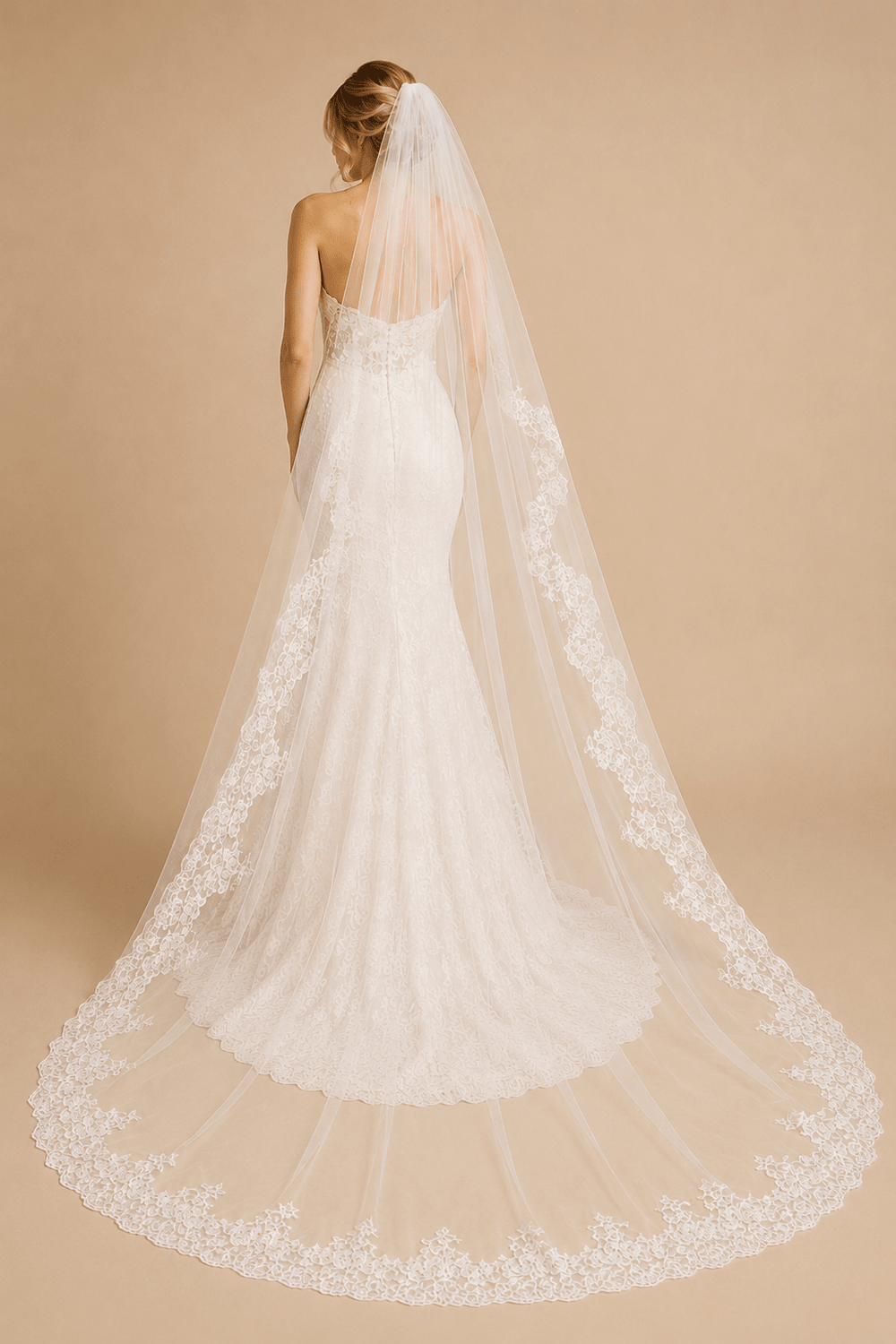 One - Tier Vintage Tulle Lace Edge Chapel Veils Appliques Wedding Veil in White - KissProm Wedding Veils