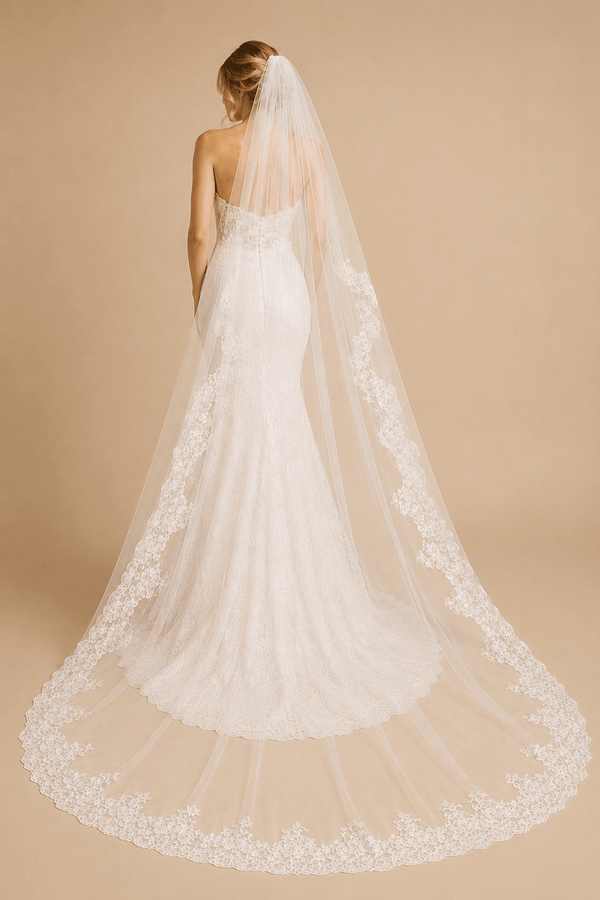 One - Tier Vintage Tulle Lace Edge Chapel Veils Appliques Wedding Veil in White - KissProm Wedding Veils