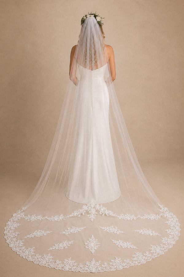 One Tier White Cathedral Veils Simple with Lace Train in White - KissProm Wedding Veils