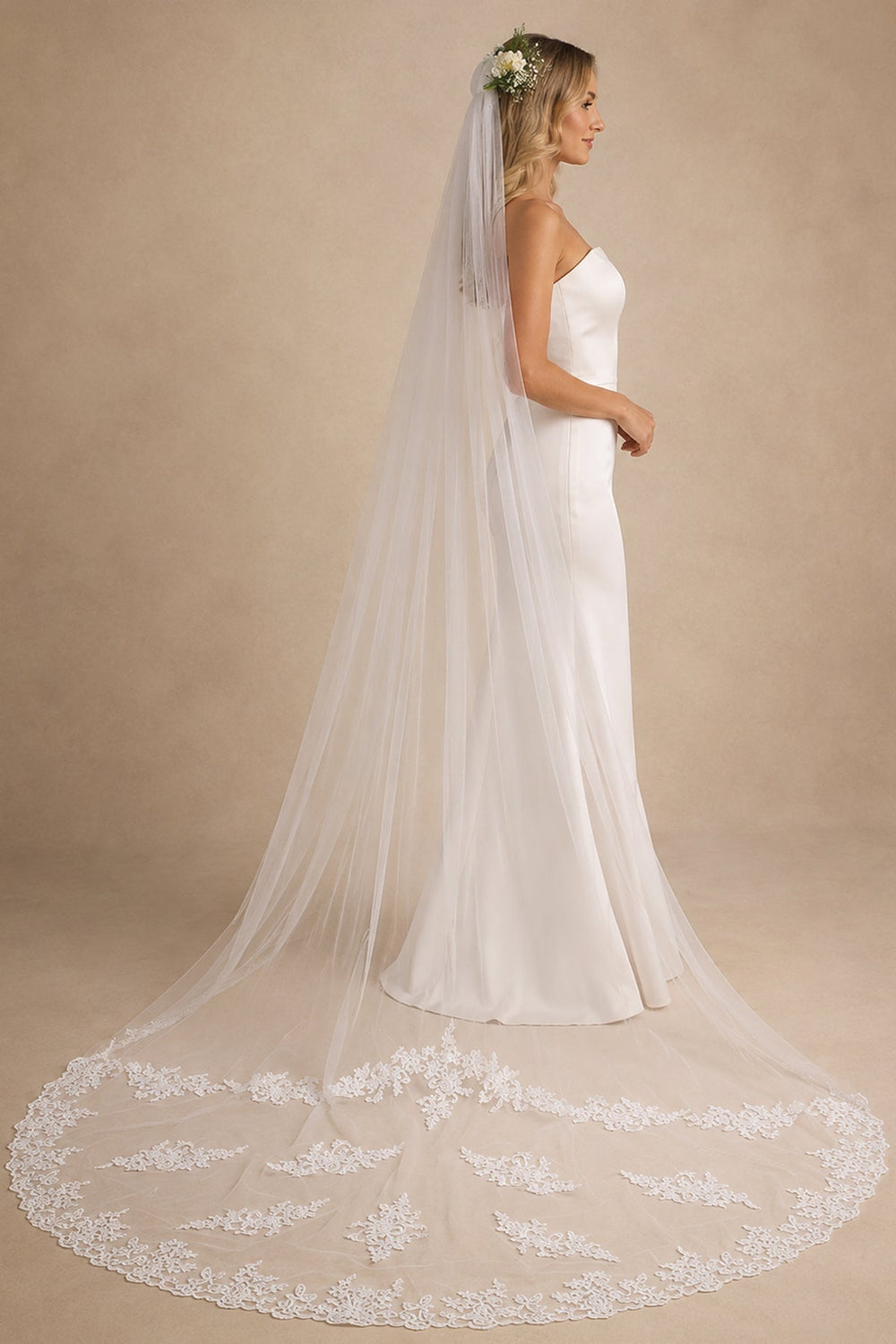 One Tier White Cathedral Veils Simple with Lace Train in White - KissProm Wedding Veils