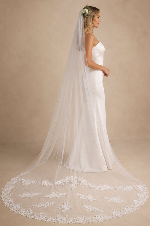 One Tier White Cathedral Veils Simple with Lace Train in White - KissProm Wedding Veils