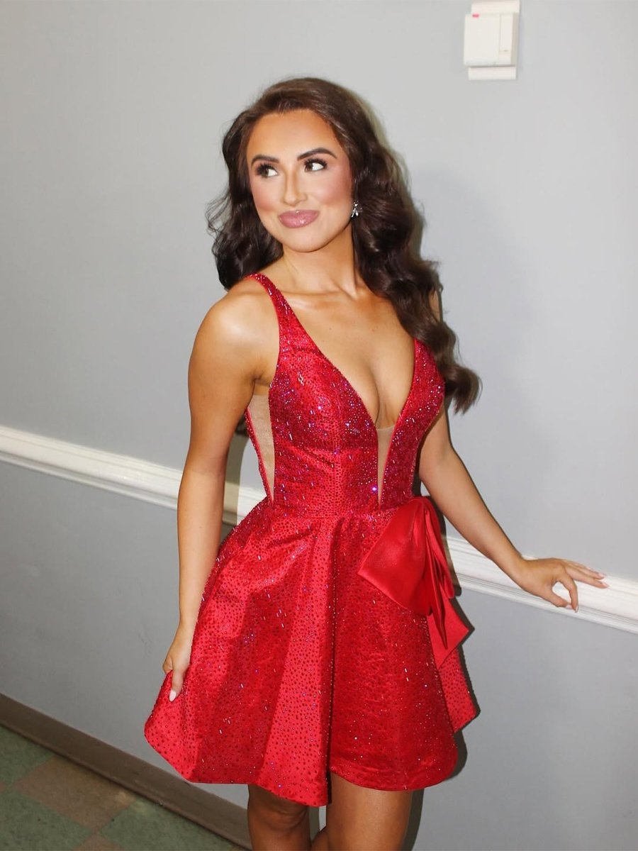 Onna | Red - V Neck A Line Satin Beaded Short Homecoming Dresses With Bow