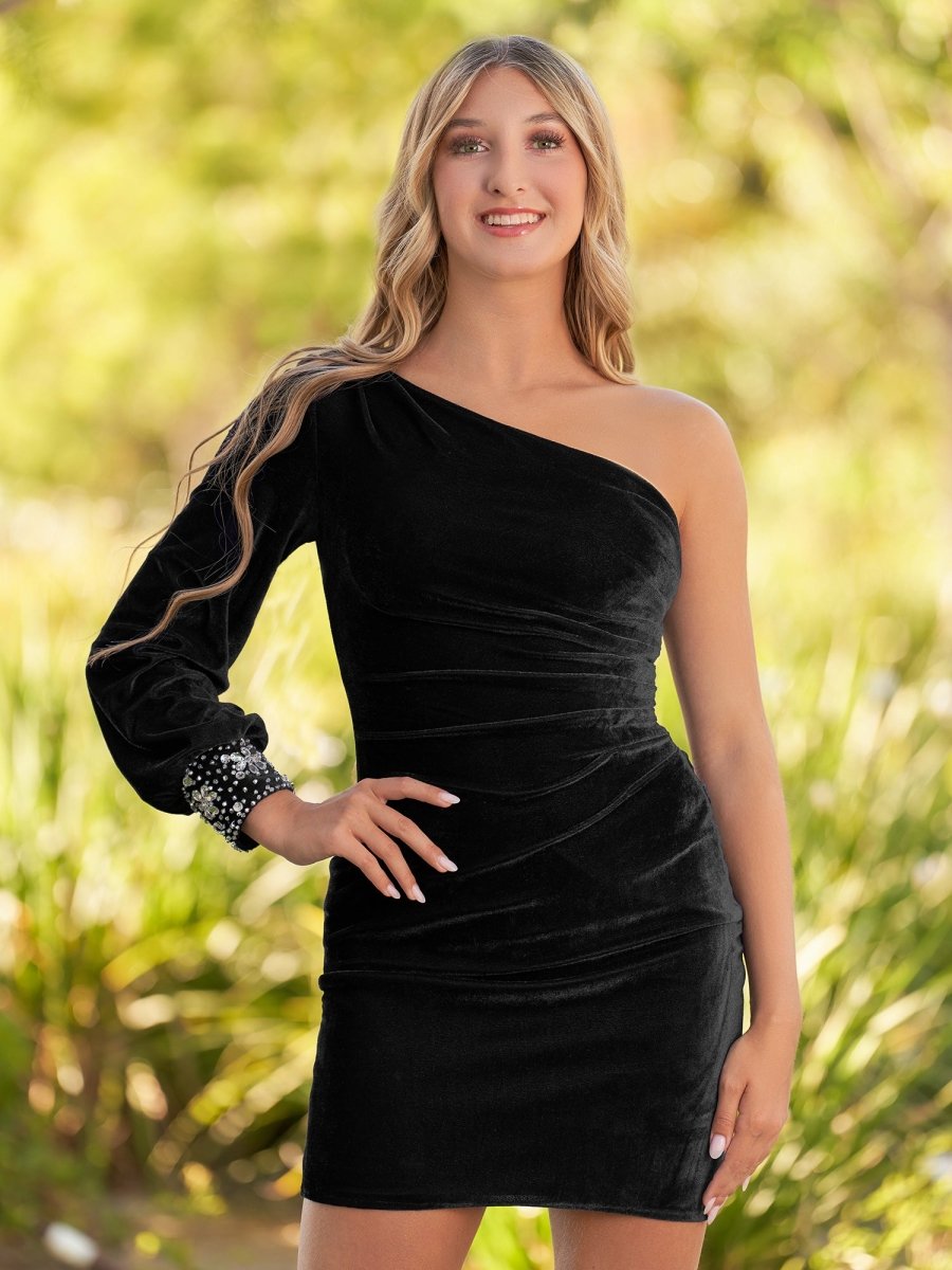 Opal | Black Sheath One - Shoulder Long Sleeve Homecoming Dress - KissProm