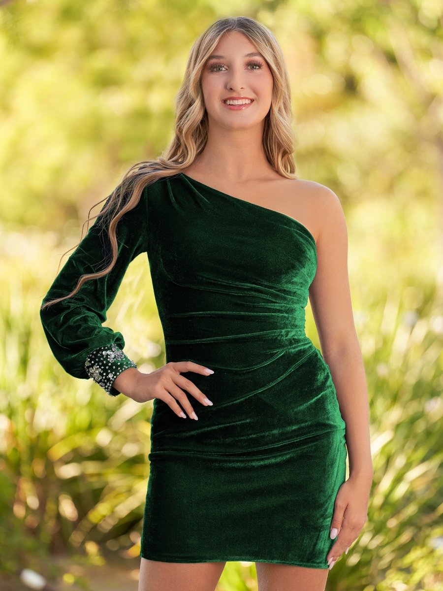 slim fit dress slacks Elegant Long Dark Green One Shoulder Long Sleeve Split Prom Dresses with Lace