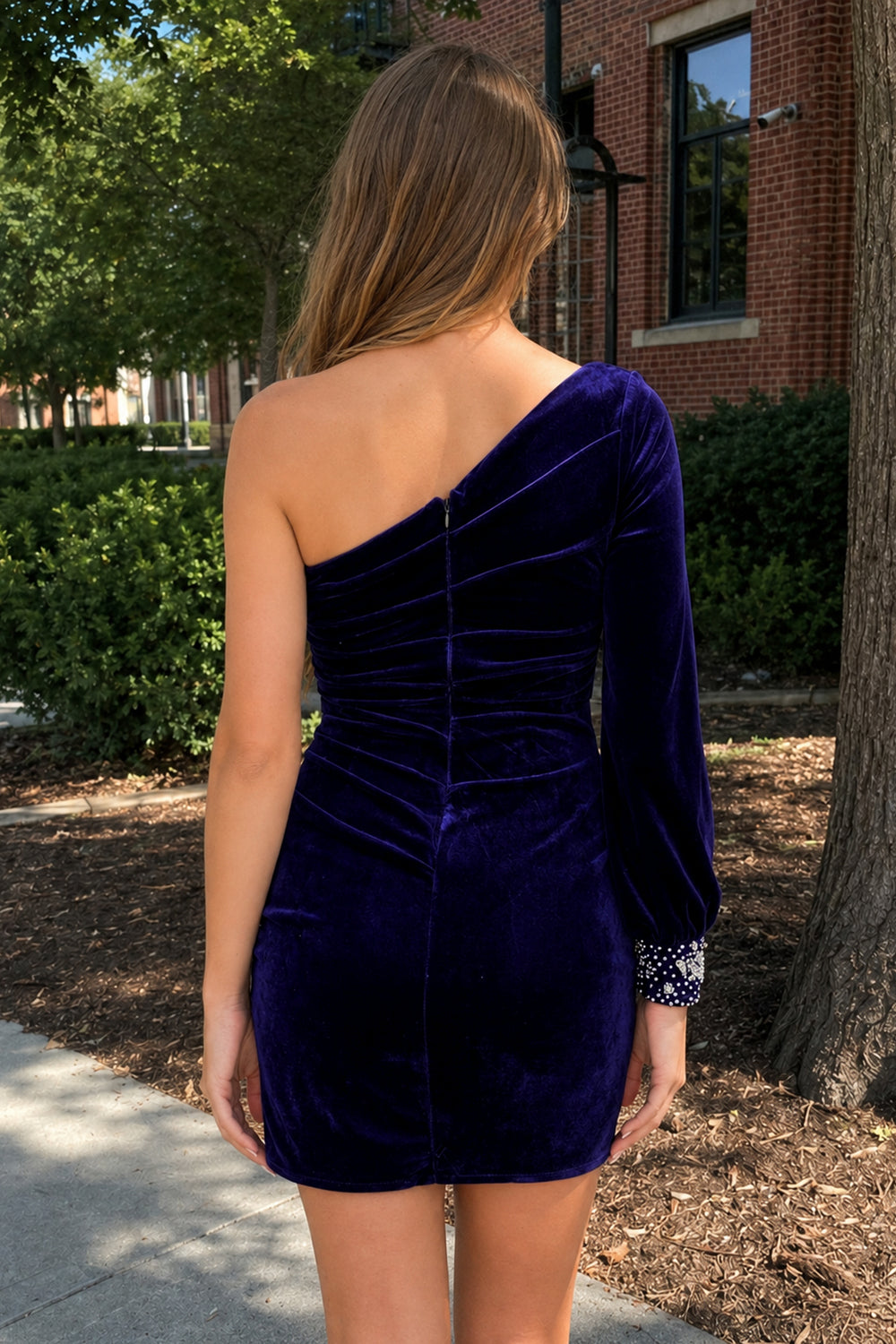 Opal | Navy Blue Sheath One - Shoulder Long Sleeve Homecoming Dress - KissProm
