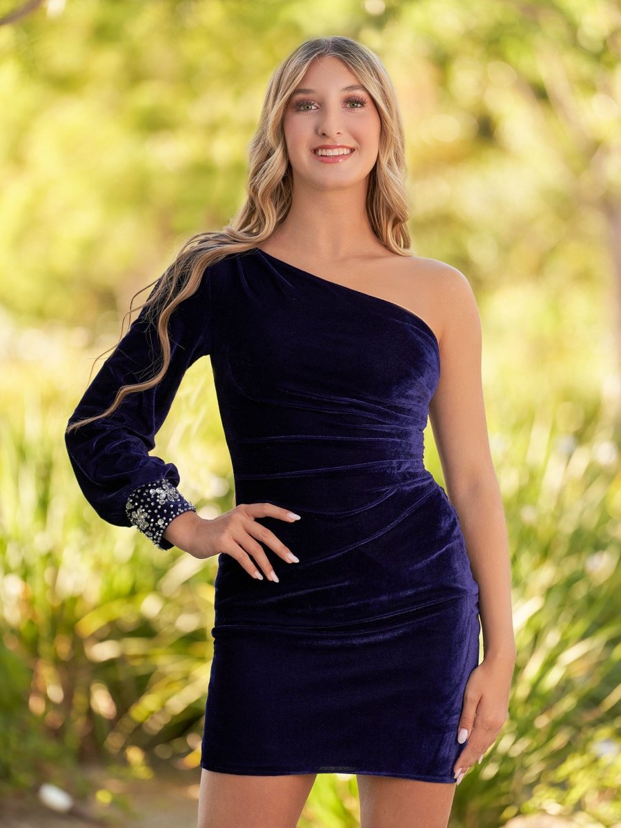KissProm Navy Blue Sheath One-Shoulder Long Sleeve Homecoming Dress, Navy Blue / 0