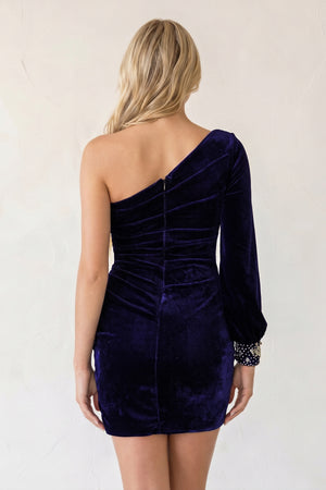 Opal | Navy Blue Sheath One - Shoulder Long Sleeve Homecoming Dress - KissProm