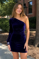 Opal | Navy Blue Sheath One - Shoulder Long Sleeve Homecoming Dress - KissProm