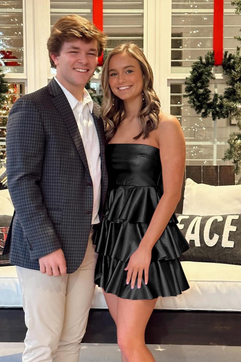 Opaline | Black - Strapless A Line Metallic Ruffle Short Homecoming Dress