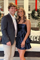 Opaline | Navy Blue - Strapless A Line Metallic Ruffle Short Homecoming Dress