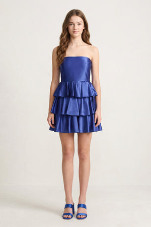 Navy Blue Strapless A Line Satin Ruffle Short Homecoming Dress - KISSPROM