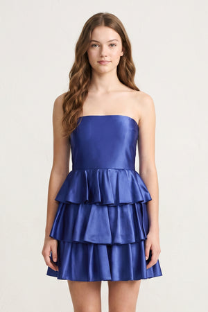 Navy Blue Strapless A Line Satin Ruffle Short Homecoming Dress - KISSPROM