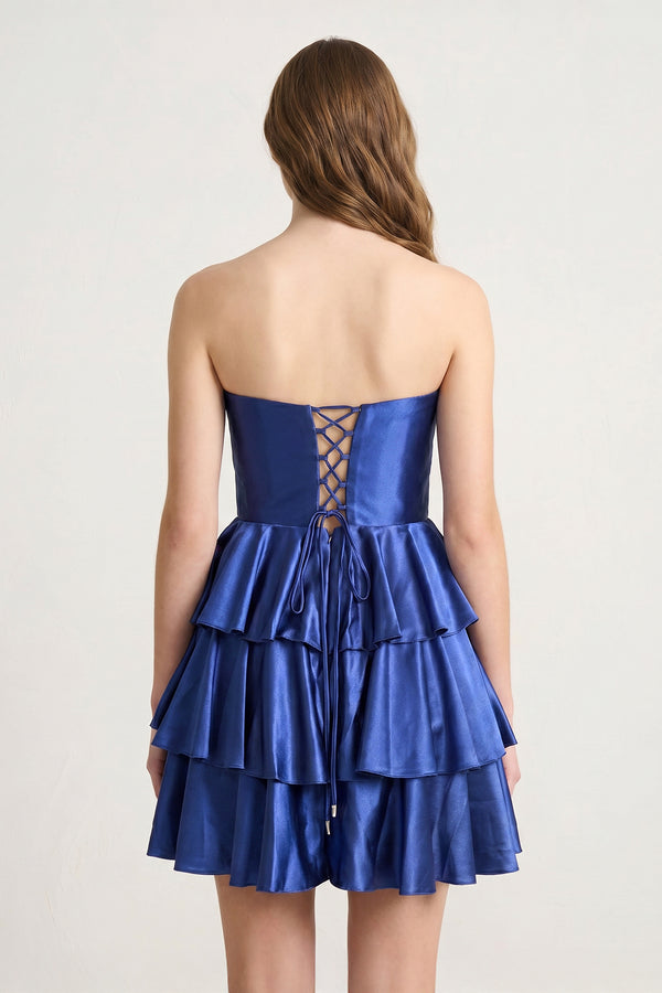 Navy Blue Strapless A Line Satin Ruffle Short Homecoming Dress - KISSPROM