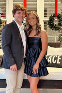 Opaline | Navy Blue - Strapless A Line Metallic Ruffle Short Homecoming Dress