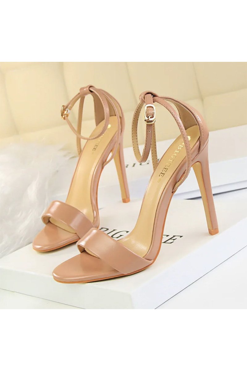 Open Toe Ankle Strap Patent Leather Stiletto Heels - KissProm