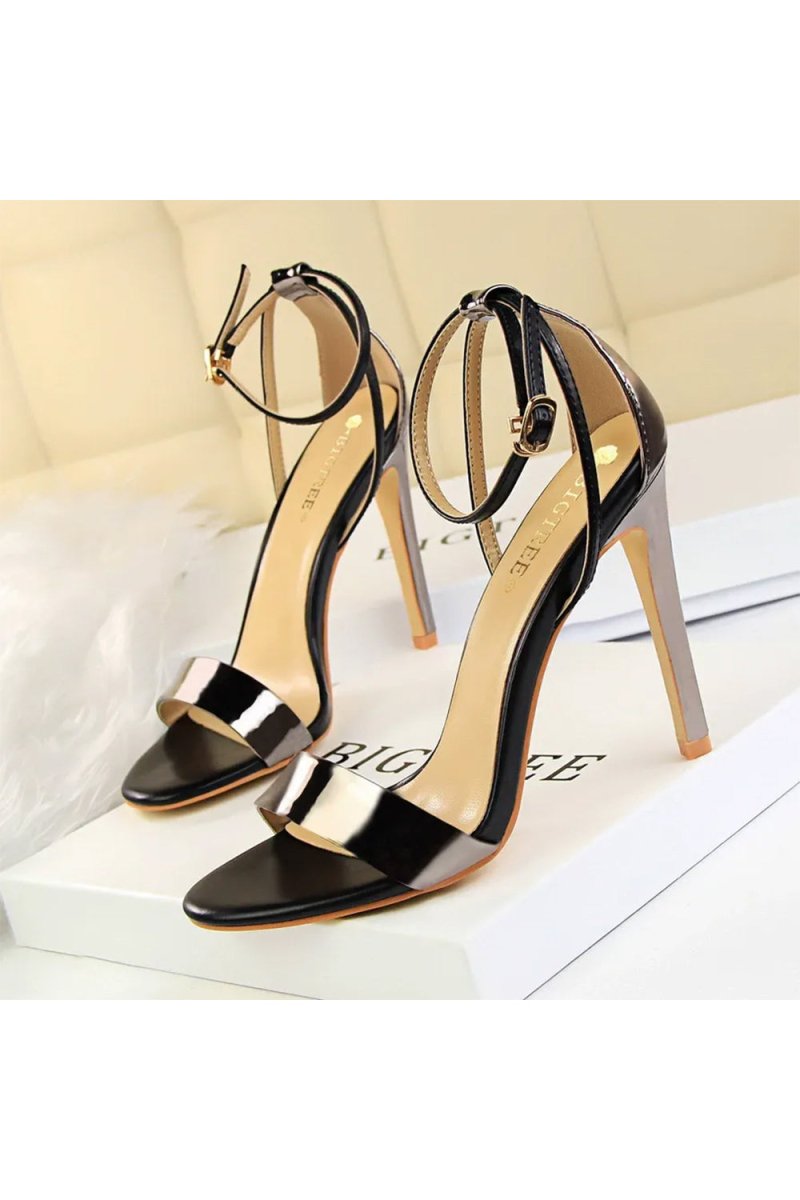 Open Toe Ankle Strap Patent Leather Stiletto Heels - KissProm